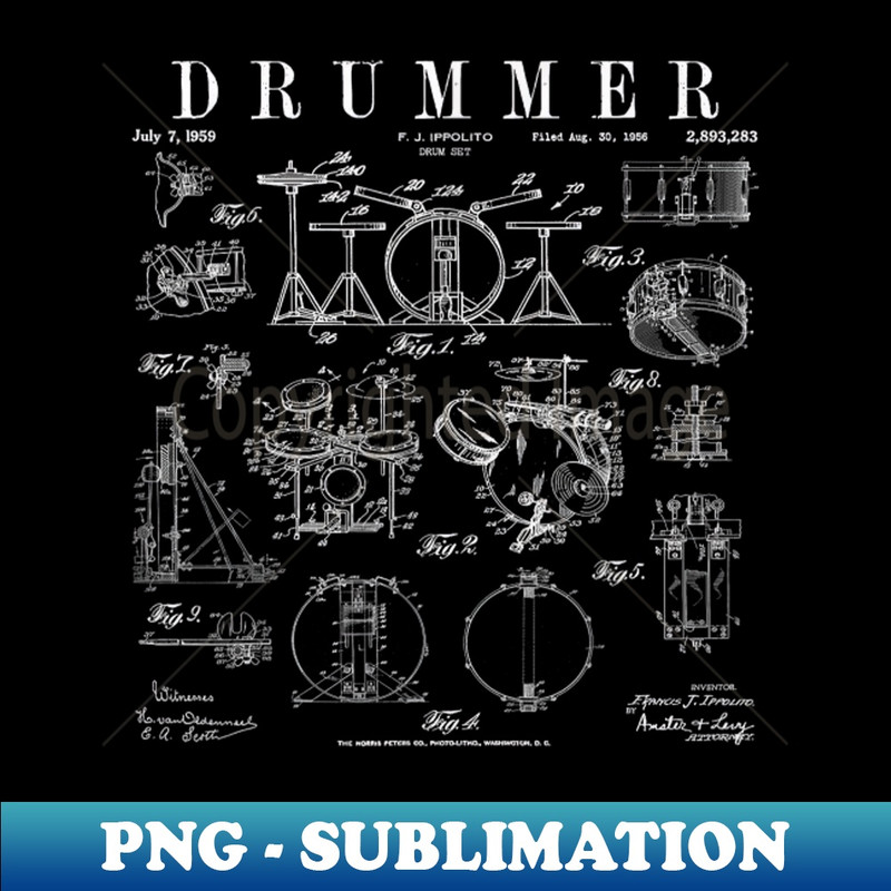 Drum Set Kit Vintage Patent Drummer Drawing Print - High-Resolution PNG Sublimation File