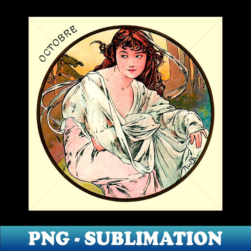Art Nouveau October Calendar Alphonse Mucha - Instant PNG Sublimation Download