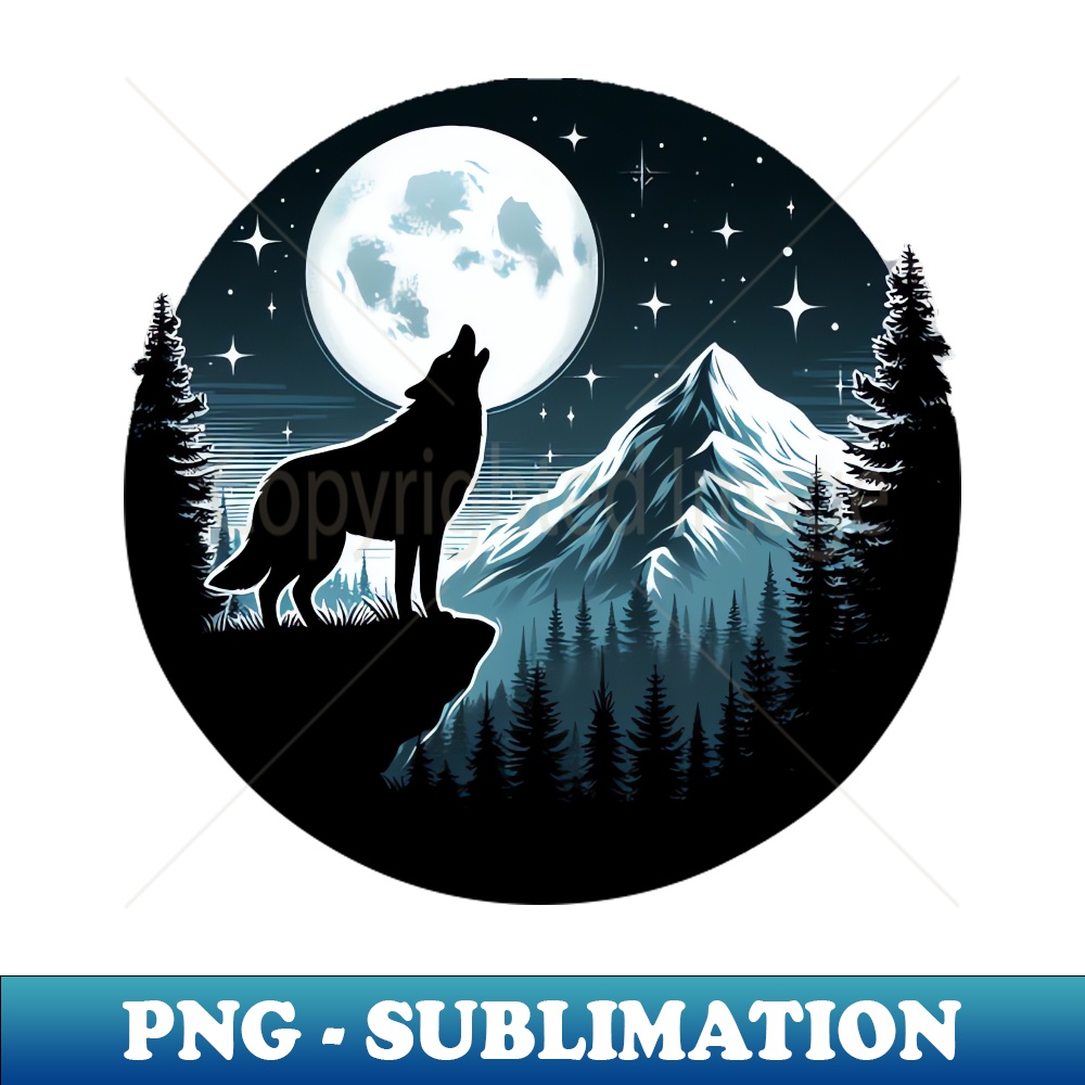 Dog in the mountains howling at a full moon - Trendy Sublimation Digital Download