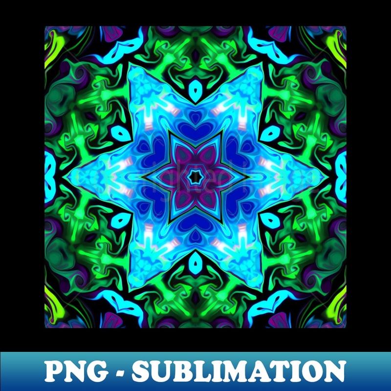 Psychedelic Mandala Flower Blue Purple and Green - Vintage Sublimation PNG Download