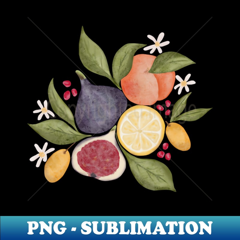 Hand painted watercolor vintage style fruits and leaves arrangement - Sublimation-Ready PNG File