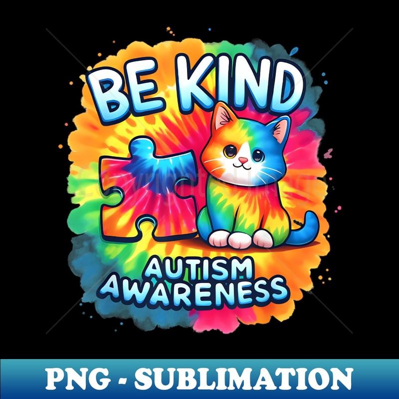 Cat Puzzle Pieces Tie Dye Autism Awareness - Vintage Sublimation PNG Download