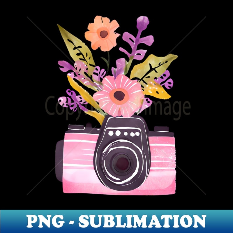 Cute Pink Watercolor Camera and Wildflowers - PNG Transparent Digital Download File for Sublimation