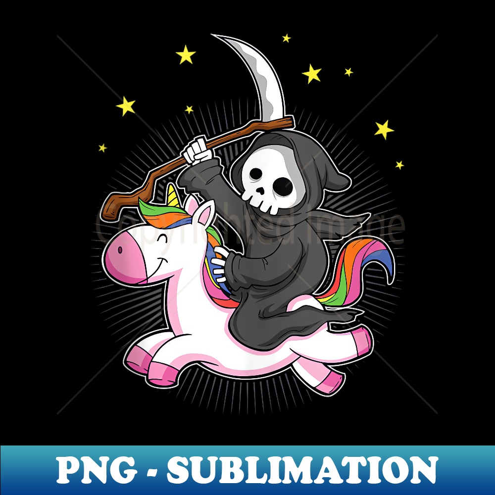 Death Metal Rock Music Rainbow Grim Reaper Riding Unicorn - PNG Transparent Digital Download File for Sublimation