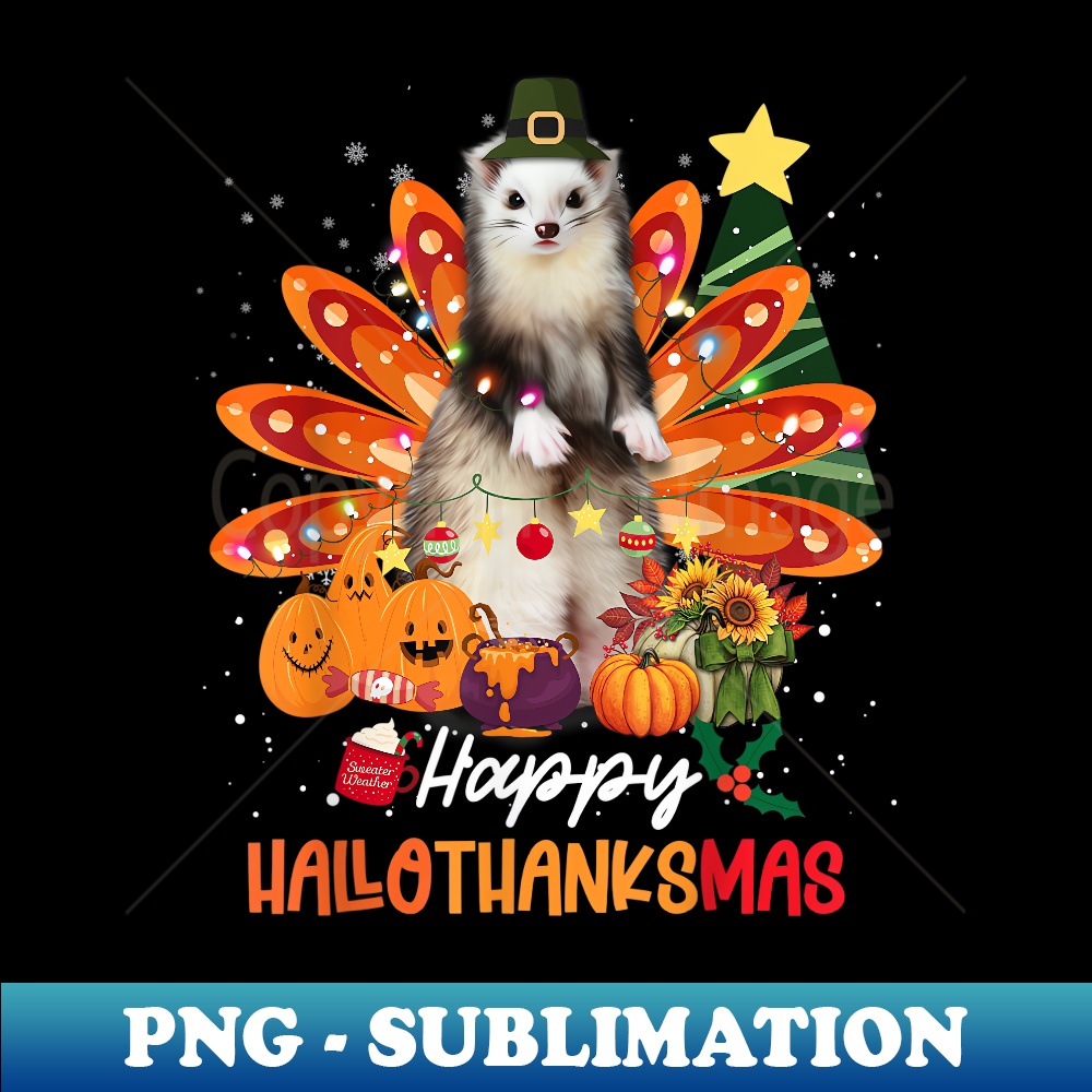 Halloween Thanksgiving Christmas Happy HalloThanksMas Ferret - PNG Sublimation Digital Download