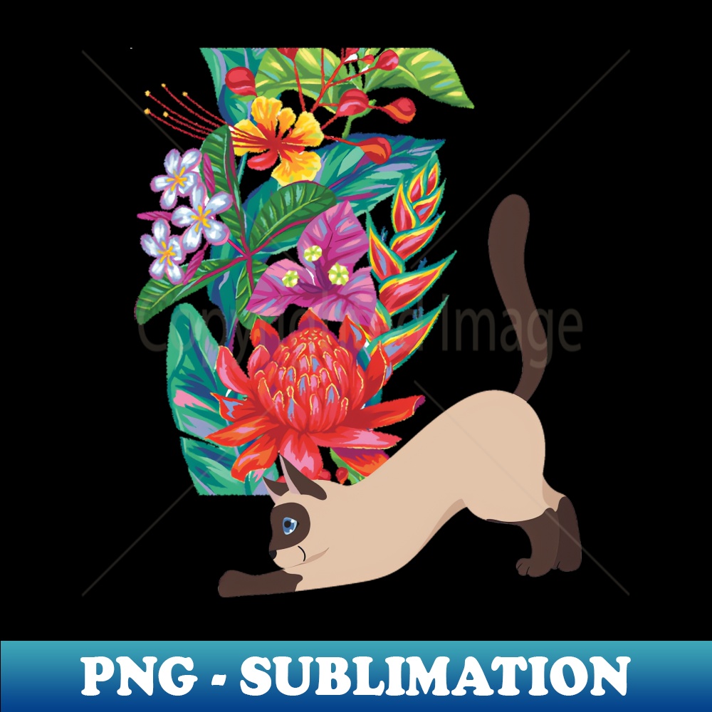 Siamese Cat and Thai Flowers - Stylish Graphic T-Shirt PNG