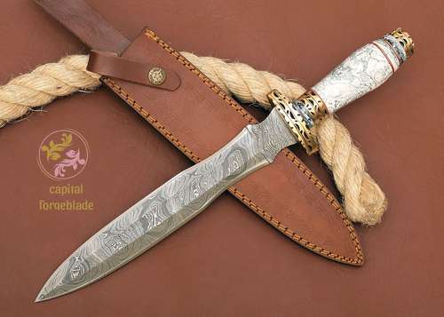 Custom Engraved Gift Handmade Damascus Steel Dagger Hunting Knife with Resin Handle & Leather Sheath, Best Gift for Him