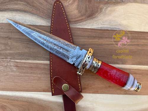 Personalized Gift Hand Forged Damascus Steel DAGGER Hunting Knife with Red Color Resin Handle & Leather Sheath Best Anni