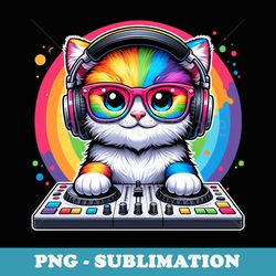 funny rainbow dj cat with headphones music lover - exclusive png sublimation download
