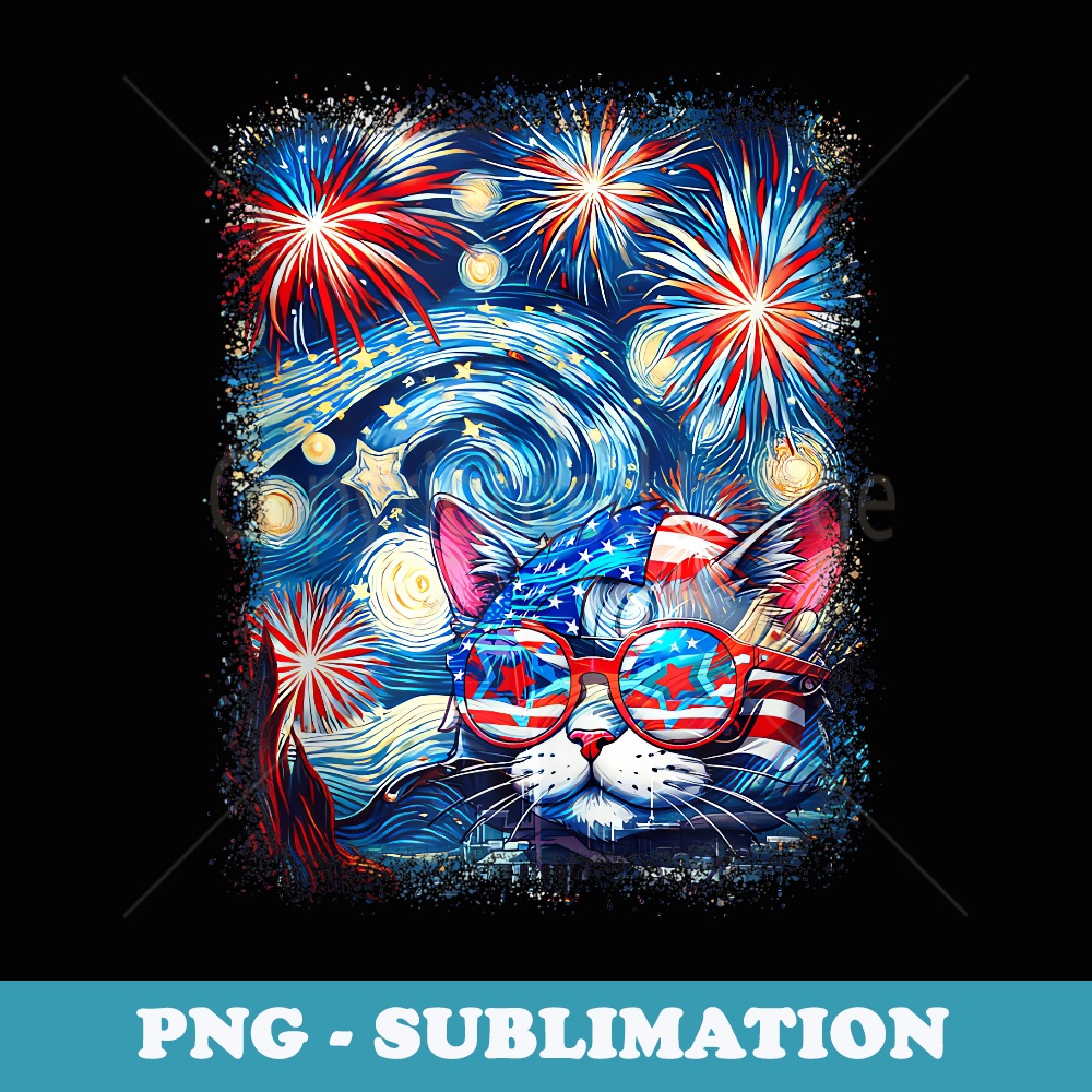 Cat Stars American Flag July 4th Starry Night Fireworks - Exclusive Sublimation Digital File