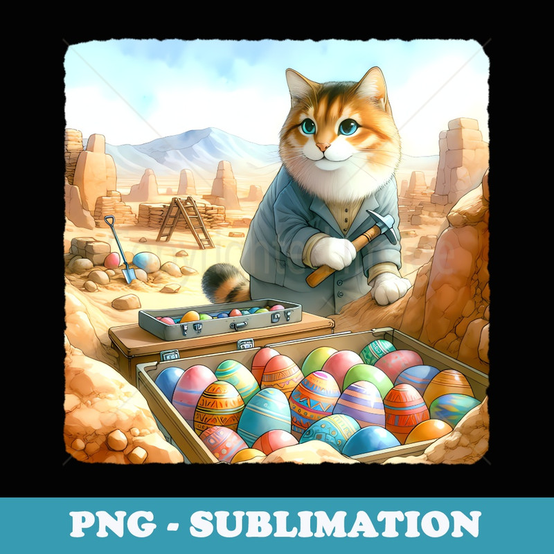 Cat Uncovering Ancient Holiday Eggs In Excavation. Easter - Retro PNG Sublimation Digital Download