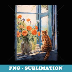 fall autumn cat sitting window cat van gogh art cat lovers - png transparent sublimation file