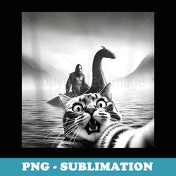 bigfoot riding loch ness monster surprised scared cat selfie - instant png sublimation download