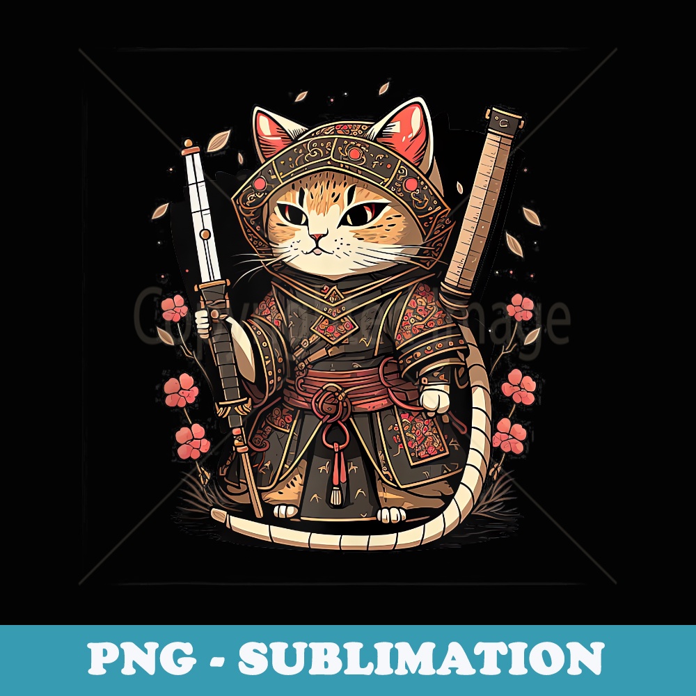 Cute Samurai Cat - Japanese Shogun Cat - Unique Sublimation PNG Download