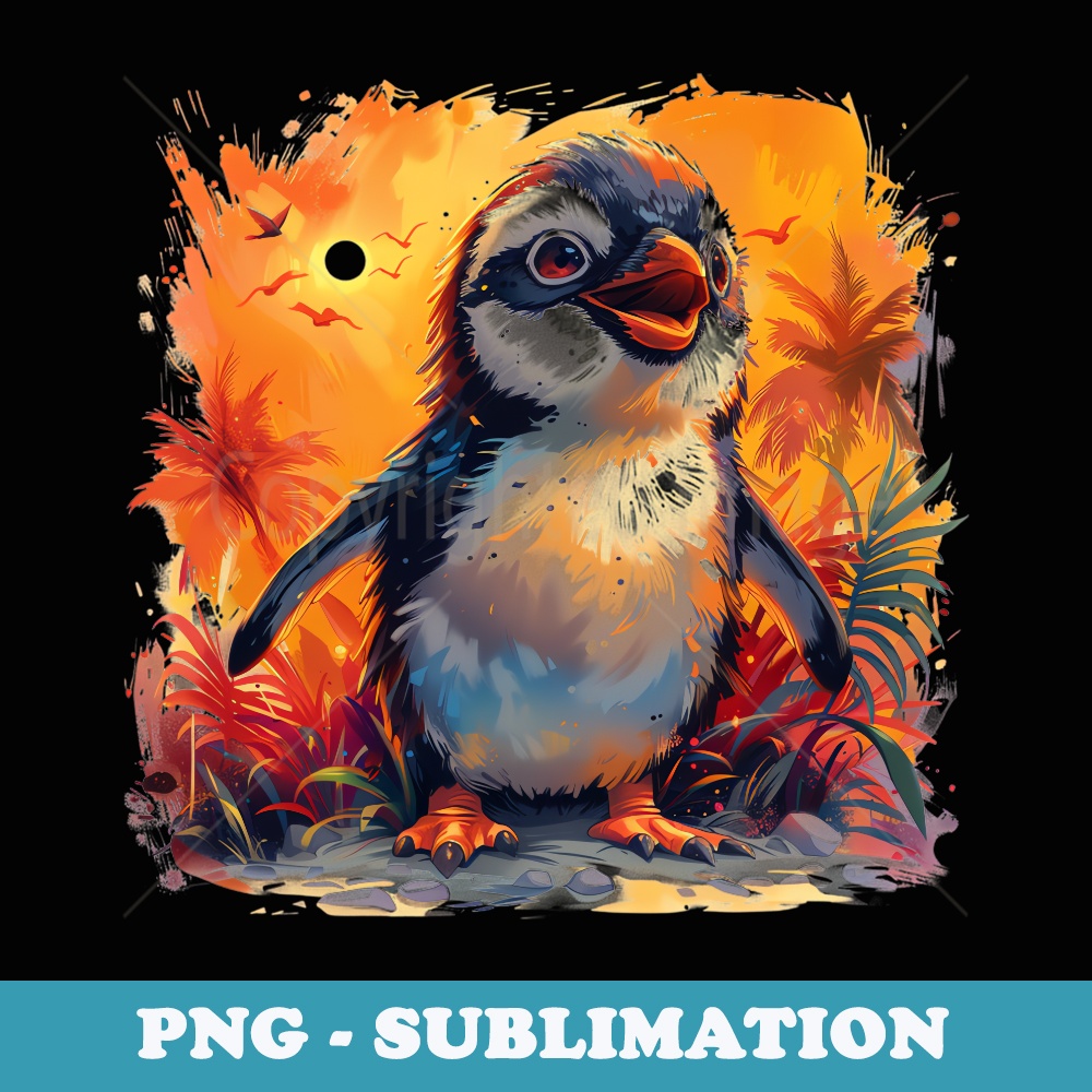 cute anime baby penguin squawking palm trees cool sunset art - Retro PNG Sublimation Digital Download