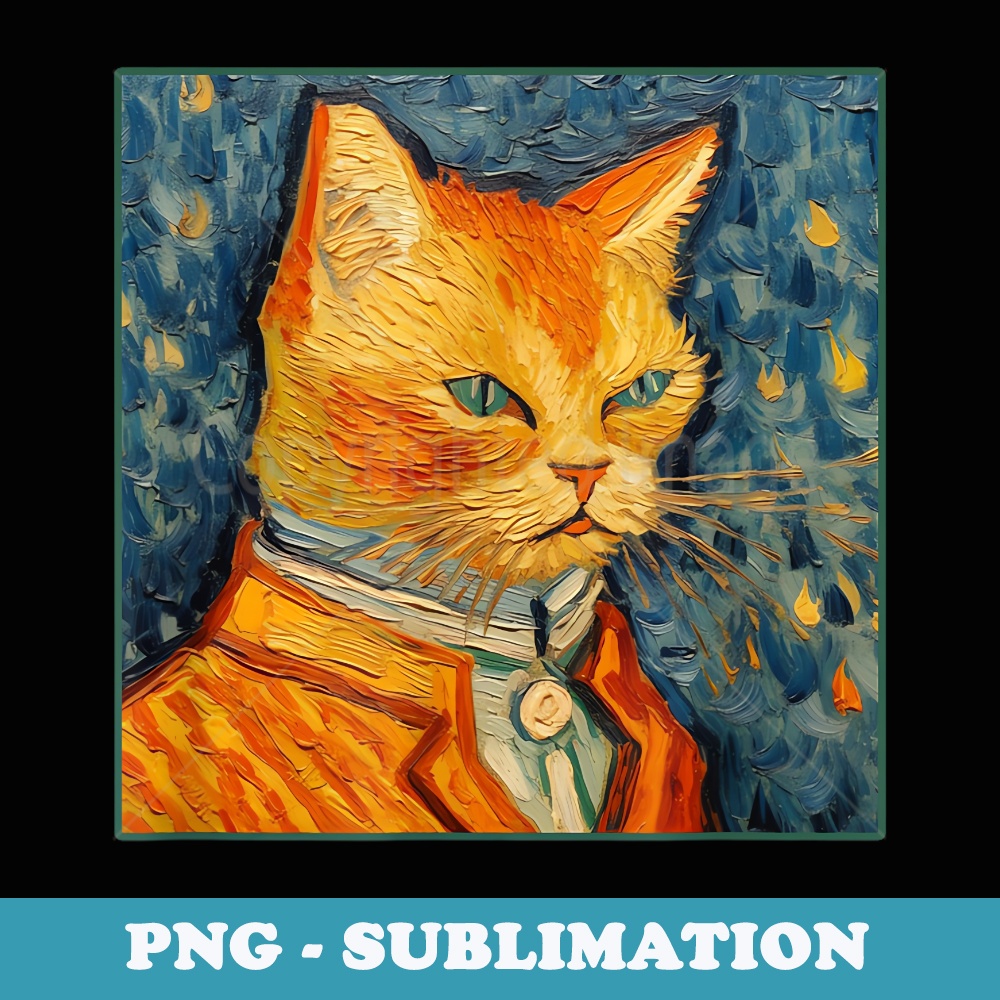 Van-Gogh Meets Orange Tabby Funny Cat Portrait Famous Art - PNG Sublimation Digital Download