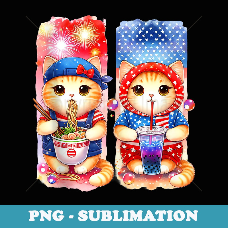 Cat Ramen Anime American Flag 4th Of July Cat Tea Bubble - PNG Sublimation Digital Download