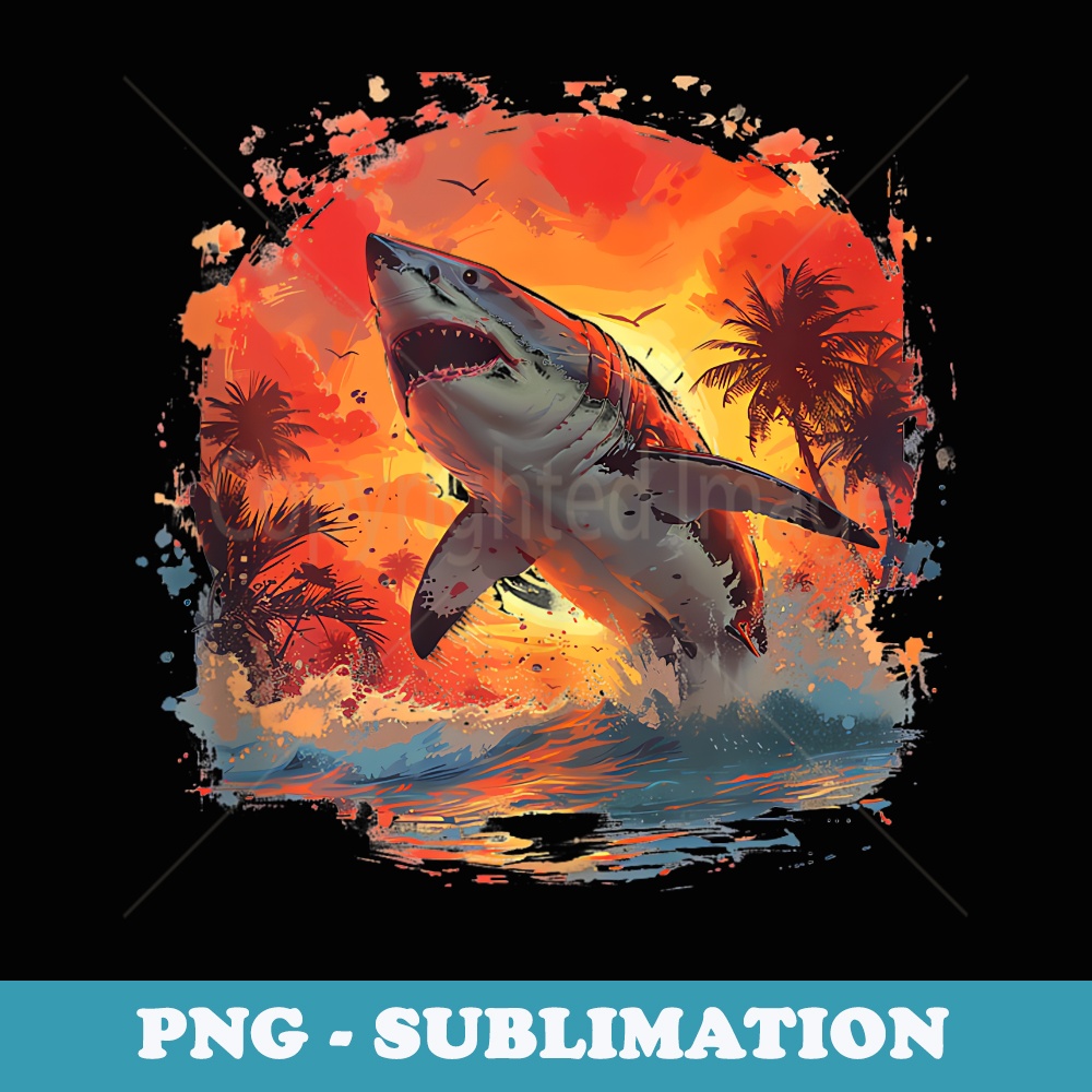 cool anime great white shark jumping ocean sunset palm trees - Premium PNG Sublimation File