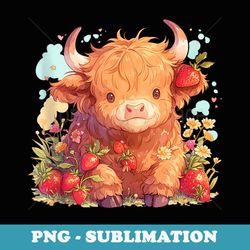 cute kawaii highland cow strawberry cottagecore farmhouse - png sublimation digital download