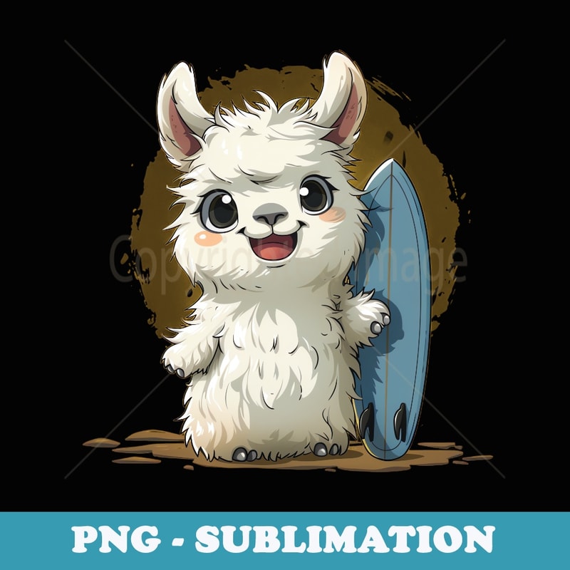 cute anime white baby llama alpaca holding surfboard art - Retro PNG Sublimation Digital Download