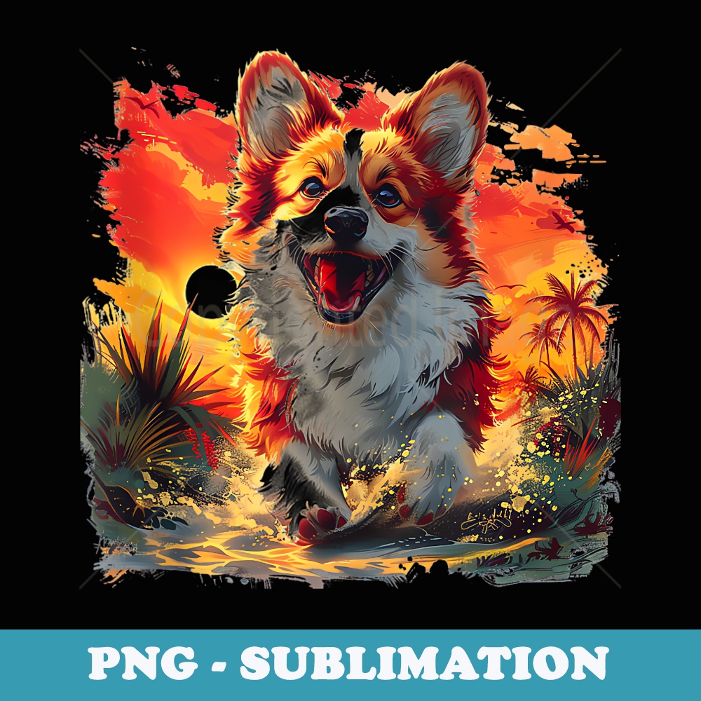 cute corgi dog running beach palm trees sunset anime art #2 - Premium PNG Sublimation File
