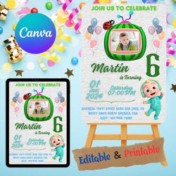 kids birthday invitation, cocomelon birthday invitation, editable and printable mobile evite