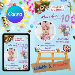 kids birthday invitation, masha and the bear birthday invitation, editable and printable mobile evite