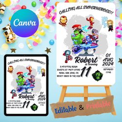 kids birthday invitation, avengers birthday invitation, editable and printable mobile evite, superhero birthday party