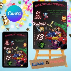 kids birthday invitation, avengers 2 birthday invitation, editable and printable mobile evite, superhero birthday invite