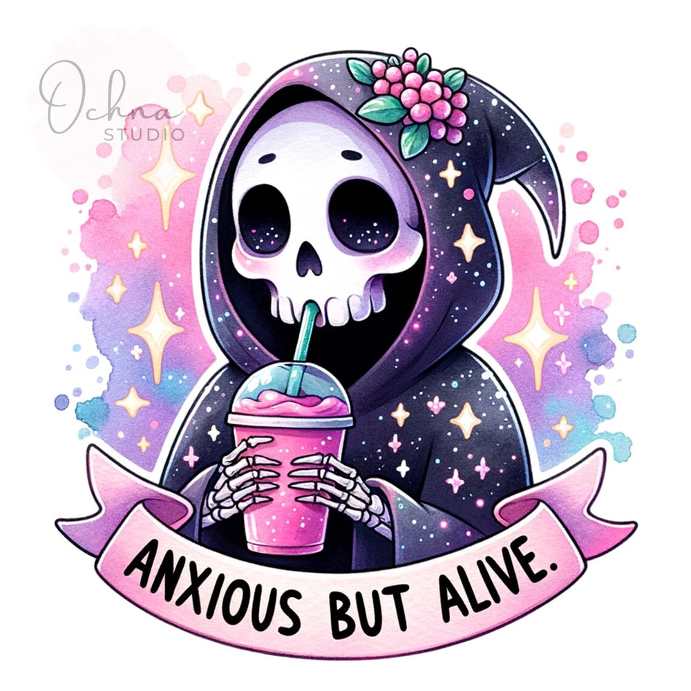 Anxious But Alive PNG, Grim Reaper, Iced Coffee Png, Snarky Skeleton Png, Anxious But Alive, Shirt Sublimation Design, Digital Download PNG.jpg