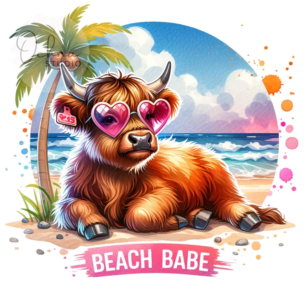 Beach Babe Highland PNG, Summer Beach Vacation, Highland Cow Clipart, Heifer Cow PNG, Sublimation Design, Digital Download PNG.jpg