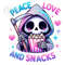 Peace Love and Snacks PNG, Spooky Grim Reaper Clipart, Sarcastic PNG, Snarky Skeleton Png, Sublimation Designs, Digital Download PNG.jpg