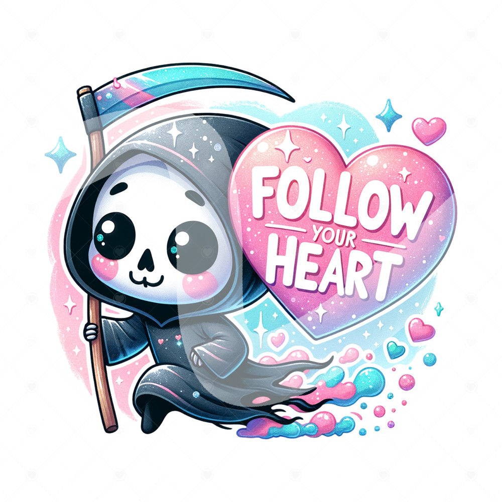Follow Your Heart PNG, Cute Grim Reaper Clipart, Valentines Day Sublimation Design, Love DTF Transfer File, Skeleton Tshirt, Sticker, Mug.jpg