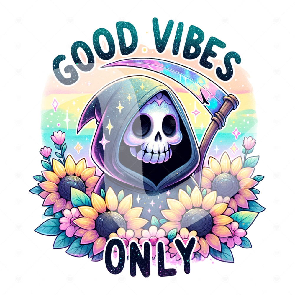 Good Vibes Only PNG, Spooky Summer Skeleton Clipart, Pastel Goth PNG, Sunflowers Grim Reaper Sublimation Design, Trendy Vacation DTF Shirt.jpg