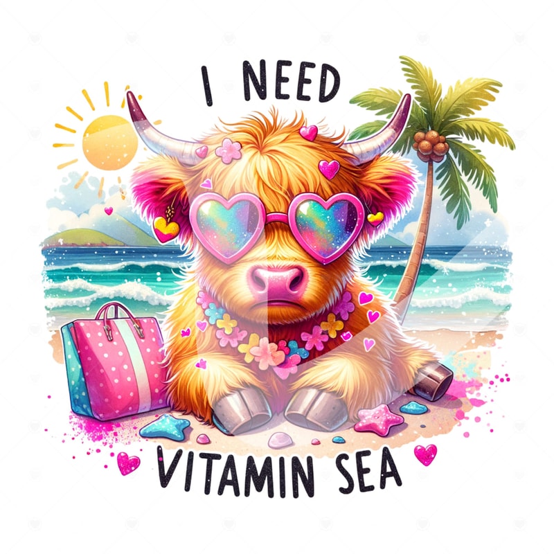 I Need Vitamin Sea PNG, Funny Heifer Cow Clipart, Cute Highland Cow Sublimation Design, Summer Vibes Vacation DTF Transfer, Tshirt File.jpg