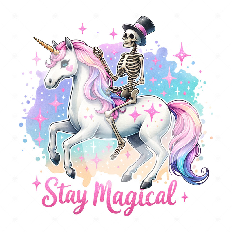 Stay Magical PNG, Skeleton Unicorn Clipart, Trendy Sublimation Design for Graphic Tees, Snarky Skeleton DTF File, Sticker Design, Jar Wrap.jpg