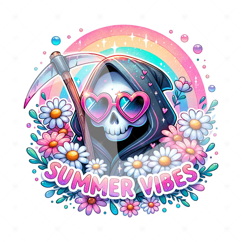 Summer Vibes PNG, Spooky Summer Skeleton Clipart, Pastel Goth PNG, Hippie Grim Reaper Sublimation Design, Vacation DTF File, Trendy Shirt.jpg