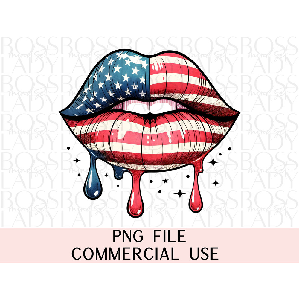 Dripping Lips American Flag 4th of July USA Retro Stars Summer Vibes USA Trendy Graphics PNG Sublimation T Shirt & Faux Hat Patch Design.jpg