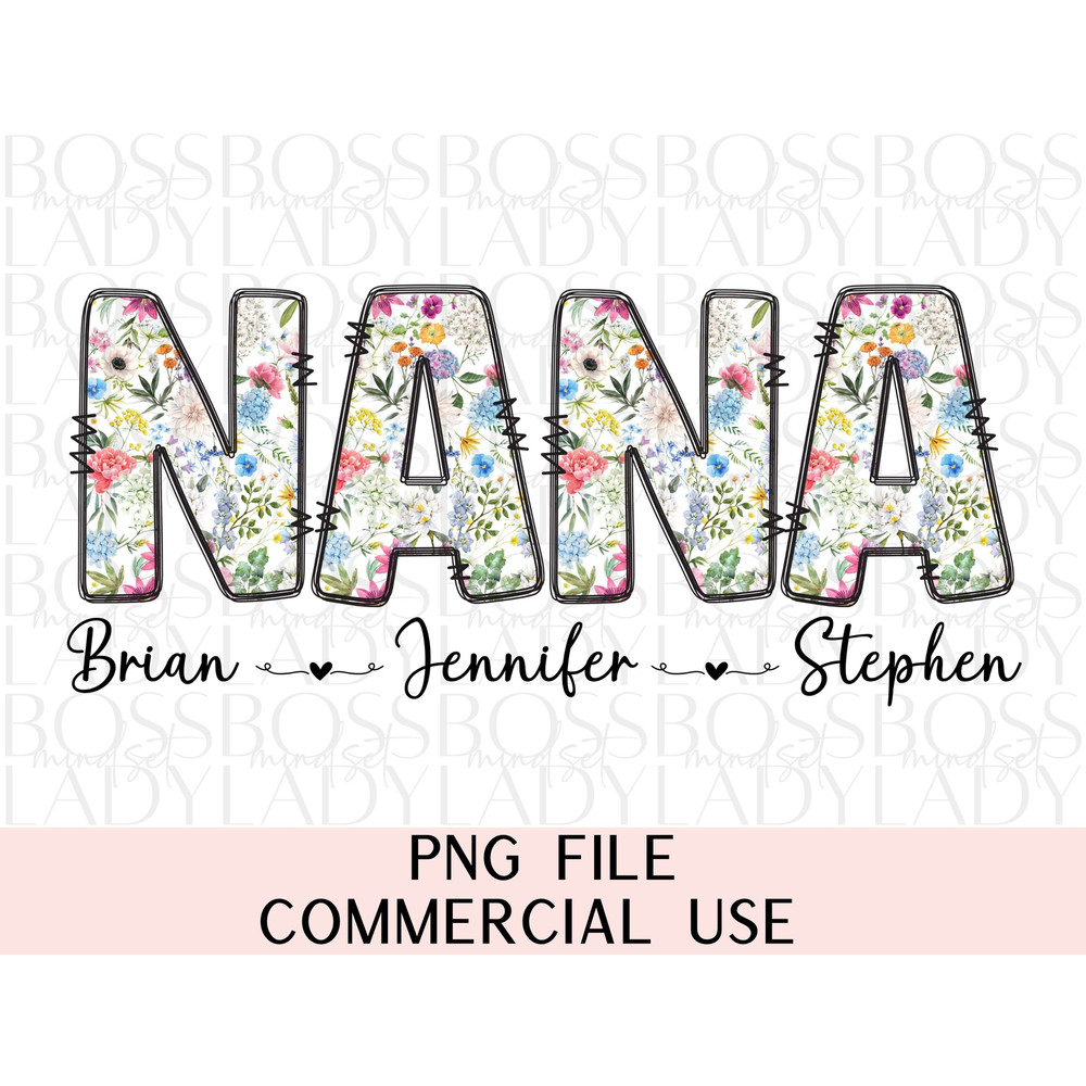 Floral Nana PNG Personalized With Grand Kids Names Sublimation Design Custom Na Na DIY Mother's Day Gift Shirt Mug Tote Bag Journal.jpg