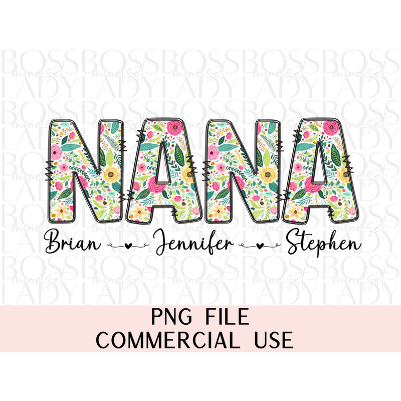 Floral Nana PNG T-shirt Personalized With Grand Kids Names Custom Na Na Tshirt Mother's Day Gift Tee Flowers Sweatshirt Newly Nana Est 2024.jpg