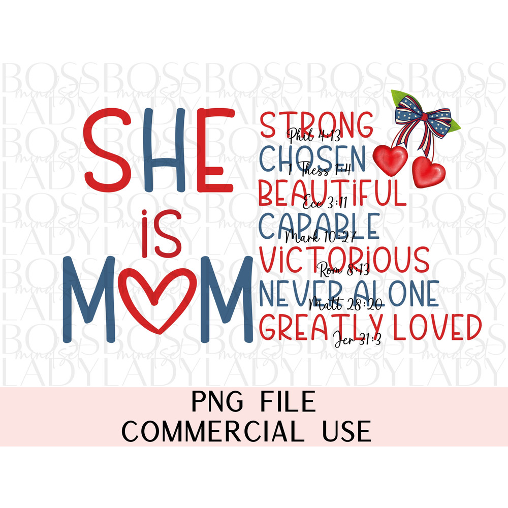 She is Mom American Mama 4th of July Independence Day Coquette Heart Cherry Bow Mother Hood PNG Trendy Graphics Shirt Instant Downloadable.jpg