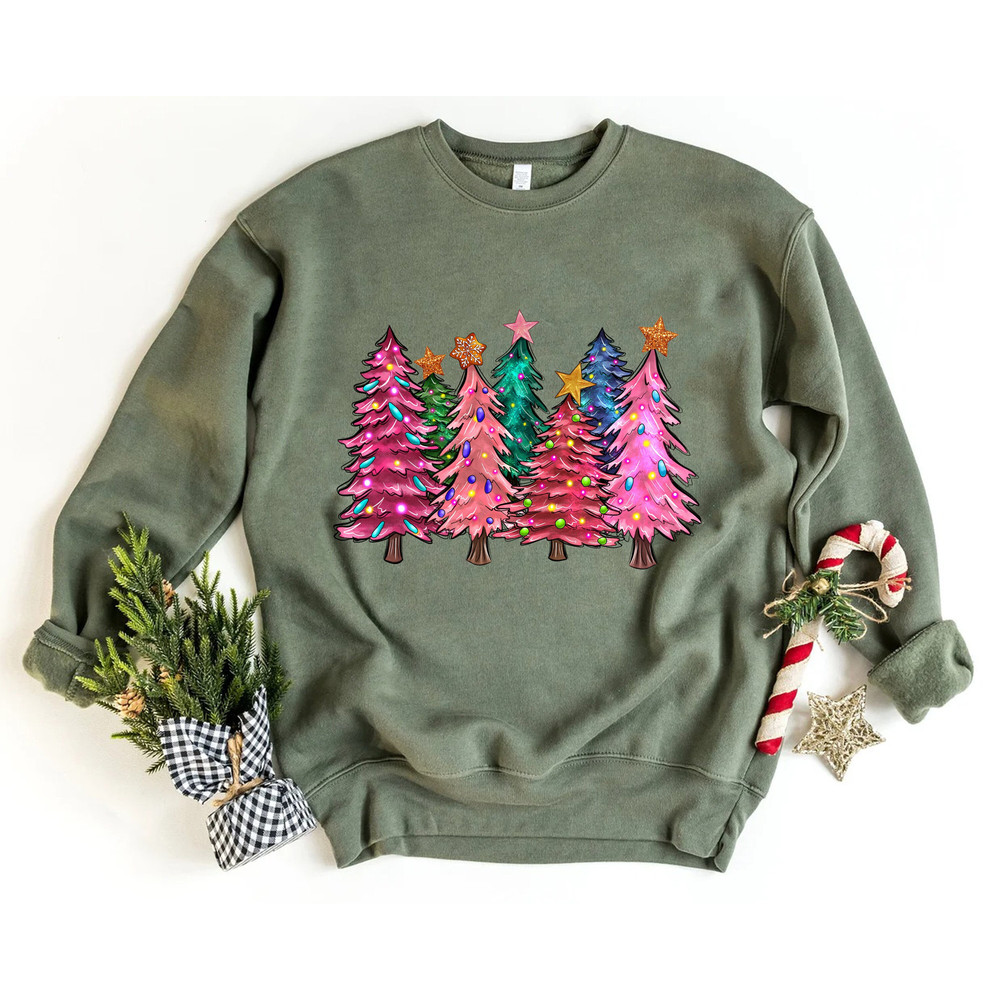Pink Tree Christmas Winter Sweatshirt, Christmas Holiday Sweatshirt, Christmas Crewneck Gift, Christmas Tree Sweatshirt, Christmas Gift.jpg