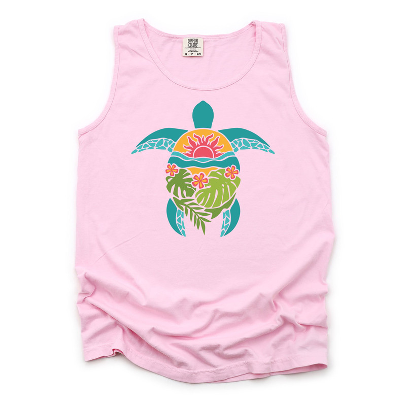 Beach Tank Top, Sea Turtle With Tropical Leaves, Beach Tank Top, Summer Tank Top, Comfort Colors Unisex Tank Top, Plus Sizes Available.jpg