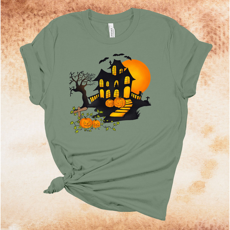 Halloween Haunted House, Pumpkin Patch, Scary Halloween Scene, Premium Soft Tee Shirt, 2x, 3x, 4x Plus Size Available.jpg