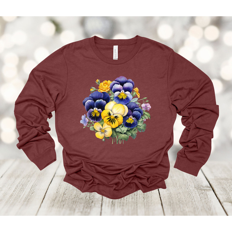 Summer Flowers, Pansies Shirt, Viola Flowers, Purple And Yellow Pansy, Bella Canvas Long Sleeve Unisex, 2x, 3x, Plus Size Available.jpg