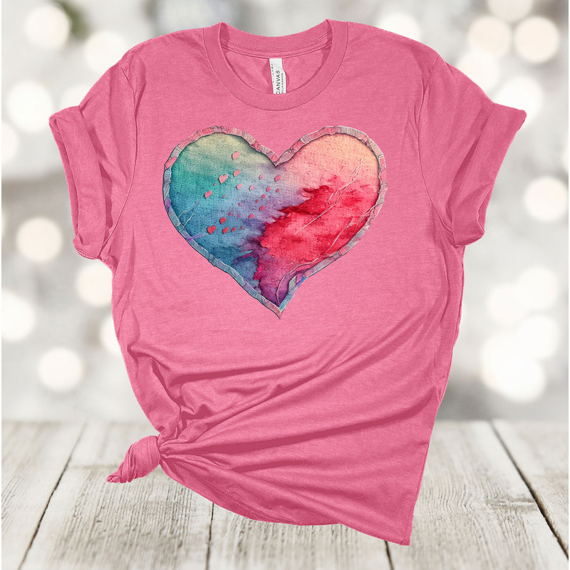 Valentine's Day, Water Color Painted Heart, Pretty Watercolor Heart, Rainbow Valentine, Premium Soft Unisex Tee, Plus Size 2x, 3x, 4x.jpg