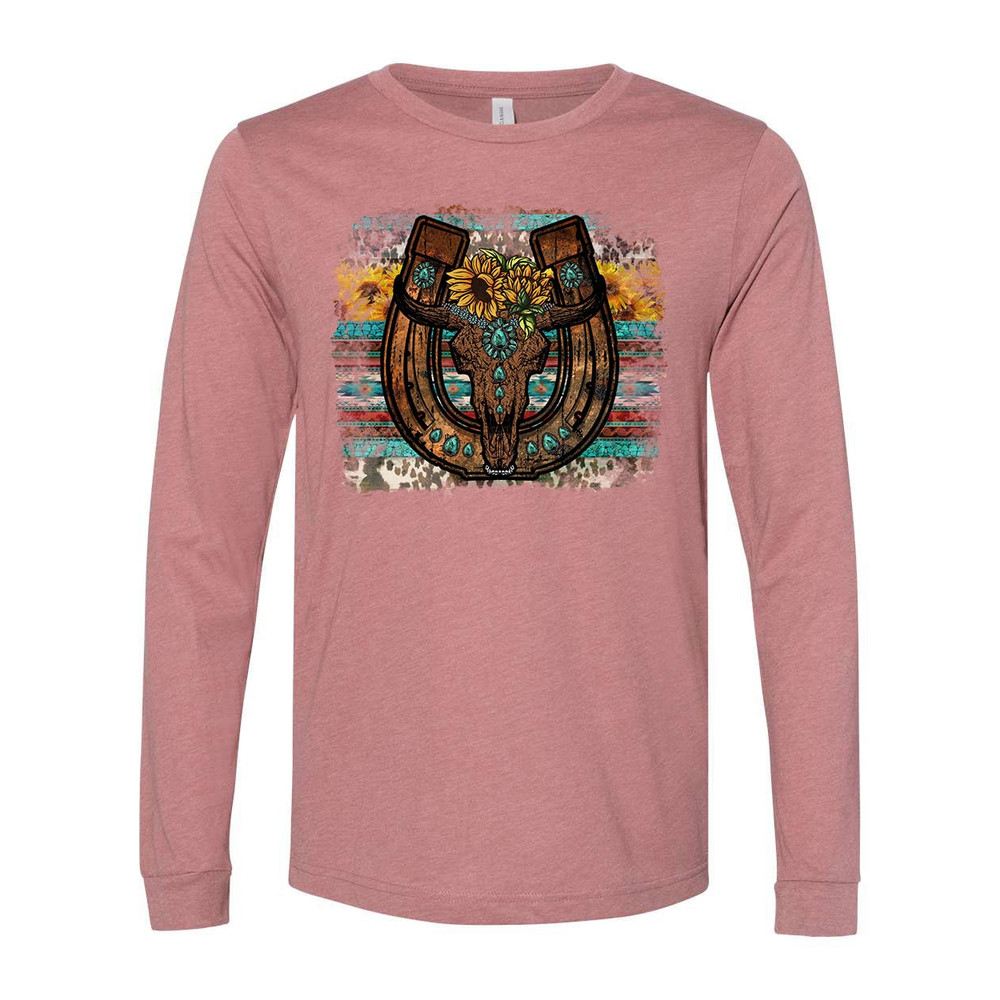 Western Long Sleeve, Western Print With Cow Skull, Bull Skull, Plus Size Available, Bella Canvas Long Sleeve Unisex.jpg
