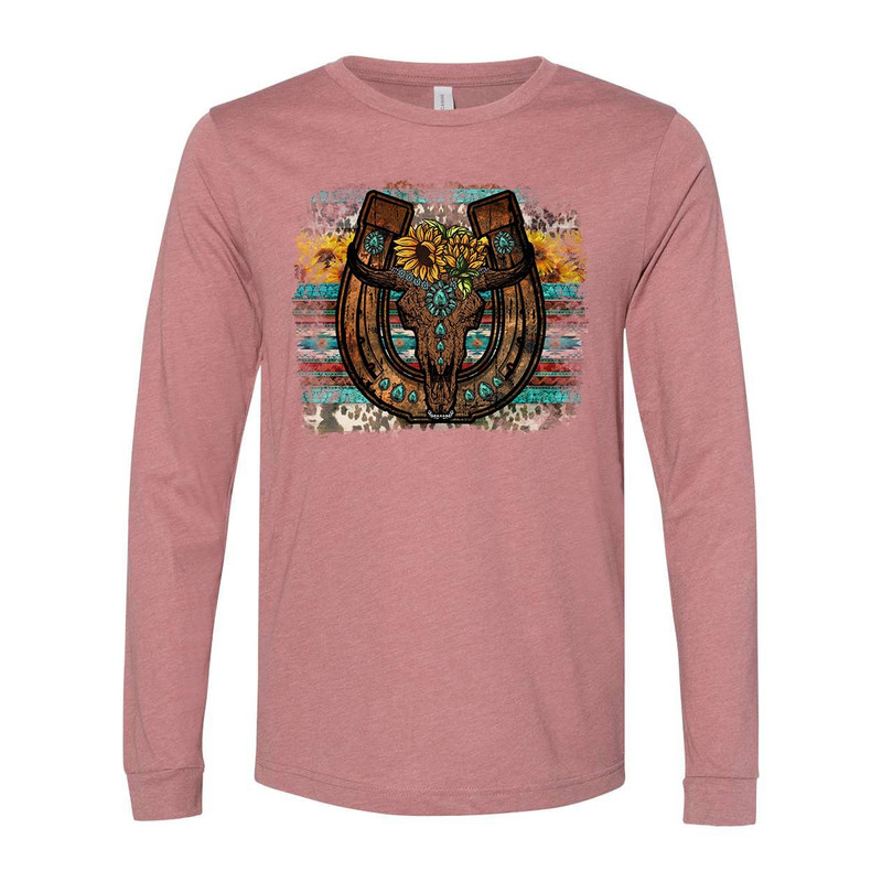 Western Long Sleeve, Western Print With Cow Skull, Bull Skull, Plus Size Available, Bella Canvas Long Sleeve Unisex.jpg