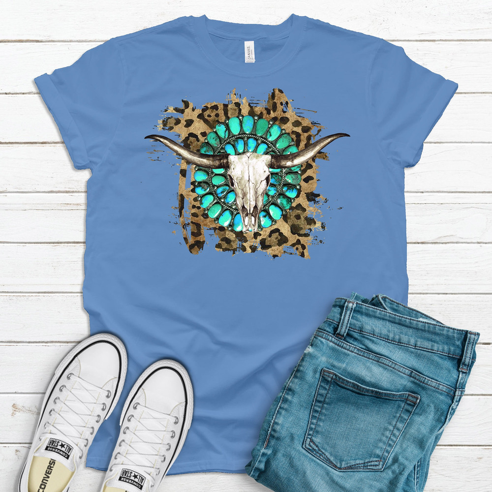 Western Steer Skull With Turquoise And Leopard Background, Premium Soft Tee Shirt, 2x, 3x, 4x, Plus Sizes Available.jpg