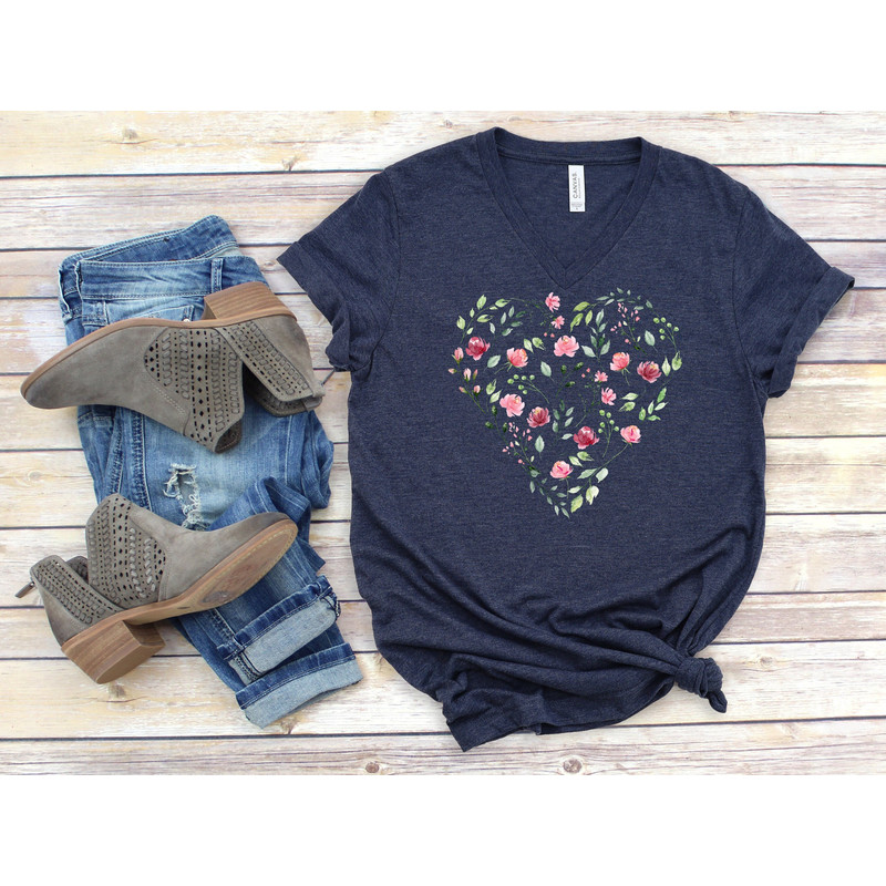 Floral T-shirt, Wildflower V-Neck Shirt, Flower Heart Shirt, Women's Floral Shirt, V Neck Shirt Women, Vintage Flowers Shirt, Nature Lover.jpg